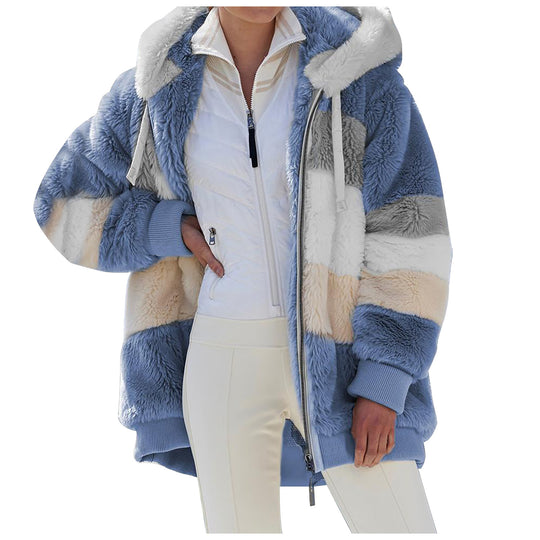 Damen nan oversized Kunstfelljacke mit Kapuze, Blockstreifen-Optik und zweifachem Reißverschluss Shop Nory