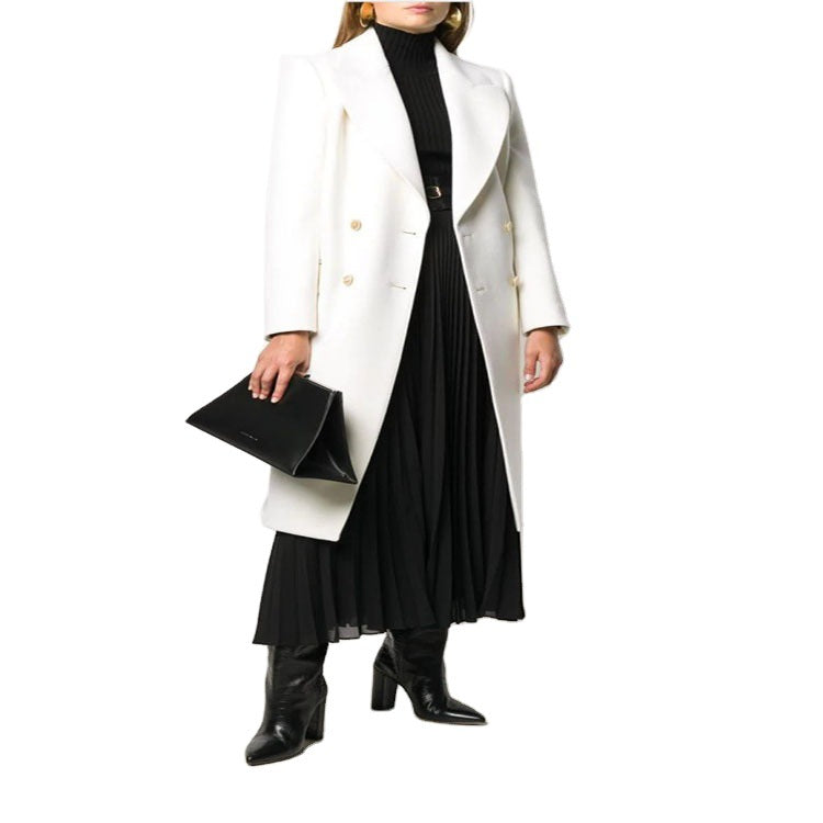 Damen Schlanker Zweireihiger Wollmix‑Longmantel mit Schalkragen, Goldknopf‑Detail und Pattentaschen Shop Nory