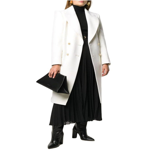 Damen Schlanker Zweireihiger Wollmix‑Longmantel mit Schalkragen, Goldknopf‑Detail und Pattentaschen Shop Nory