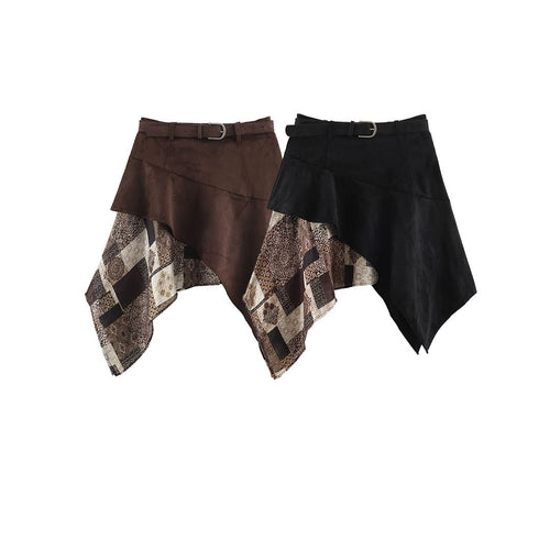 Damen Asymmetrischer Patchwork-Wickelrock mit Taillengürtel und Lagenoptik Shop Nory
