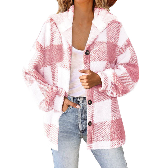 Damen nan kuschelige karierte Teddyjacke mit Kapuze, Knopfverschluss und oversized Schnitt Shop Nory