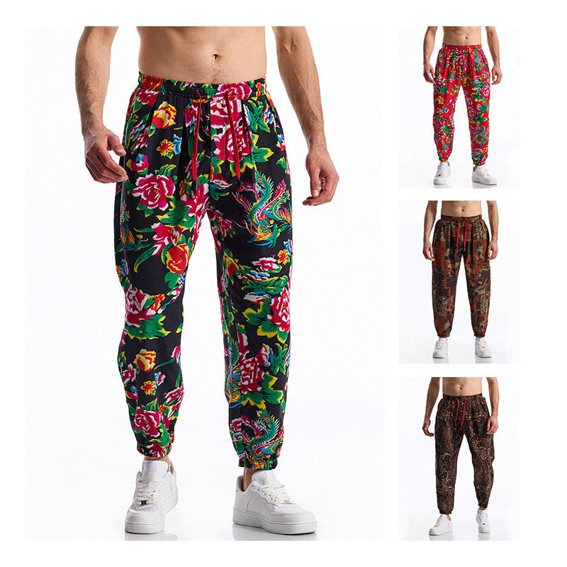 Herren lässige Haremshose mit buntem Blumenmuster und Gummizug