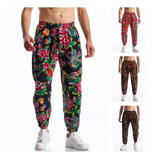 Herren lässige Haremshose mit buntem Blumenmuster und Gummizug