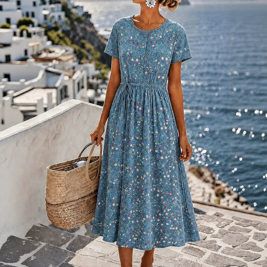 Damen Midikleid mit floralem Alloverprint, Tunnelzugtaillenband und Knopfleiste Shop Nory