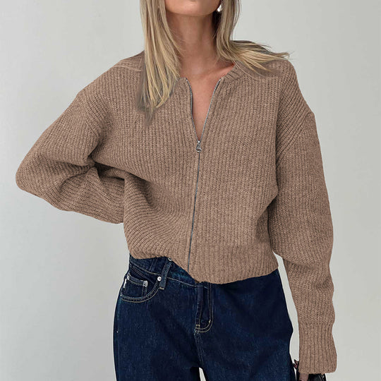 Damen nan kurzes Zip-Strickoberteil mit geripptem Saum, überschnittener Schulter und weichem Wollmix Shop Nory