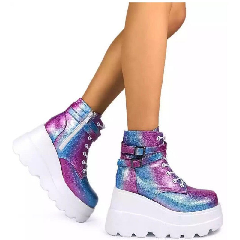 Damen Plateau-Stiefel mit modischem Schnallen-Design und praktischem Reißverschluss