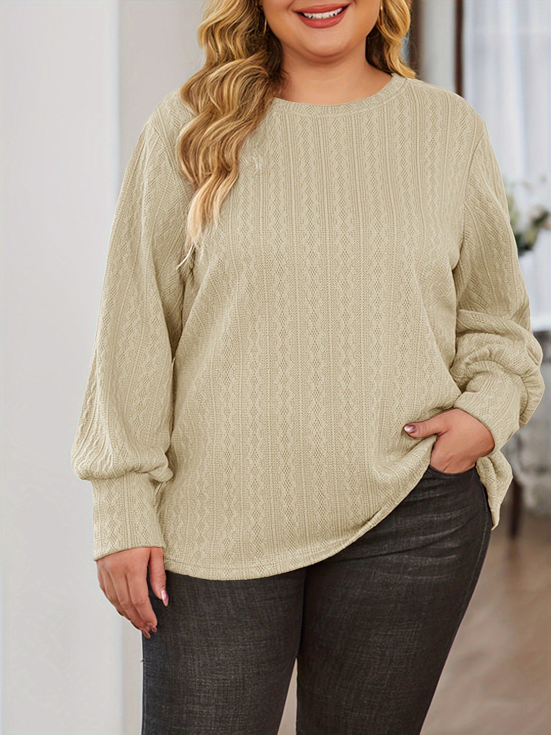 Damen Texturierter Oversize-Strickpullover mit Rundhalsausschnitt und Ballonärmeln Shop Nory