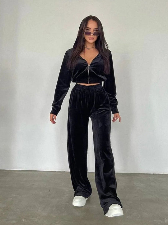 Damen luxuriöses Velours Lounge-Set mit kurzem Reißverschlussjacke und hochtaillierter Gummibund-Jogger Shop Nory