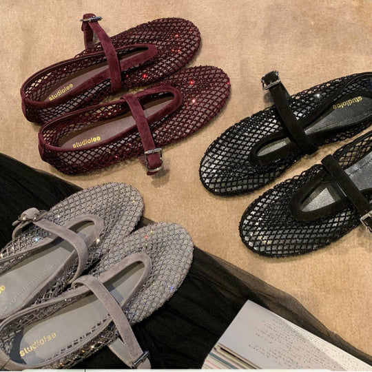 Damen elegante Ballerina-Schuhe mit dekorativem Riemchen und funkelnden Akzenten