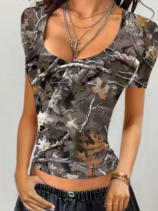 Damen Camouflage T-Shirt mit modischem V-Ausschnitt Shopnory