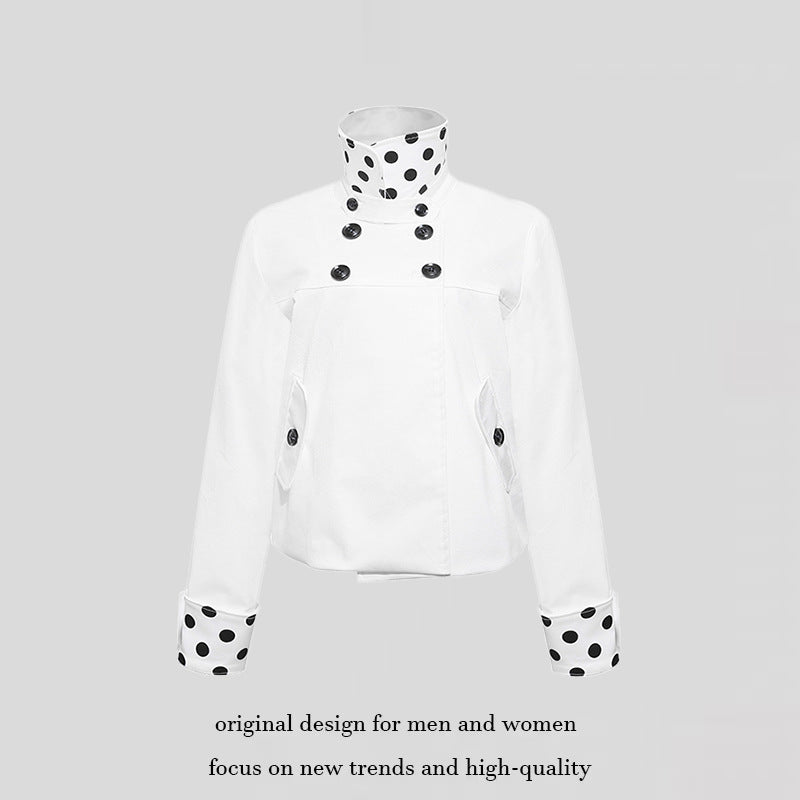 Damen Kurze Double-Breasted Jacke mit Stehkragen und Polka‑Dot-Futter Shop Nory