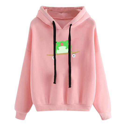 Damen nan kurz geschnittener Cropped-Kapuzenpullover mit niedlicher Frosch-Illustration und verstellbarer Kapuze Shop Nory