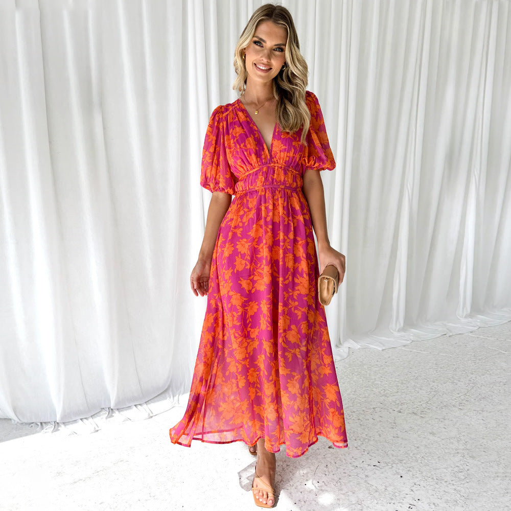 Damen Maxikleid mit voluminösen Ärmeln