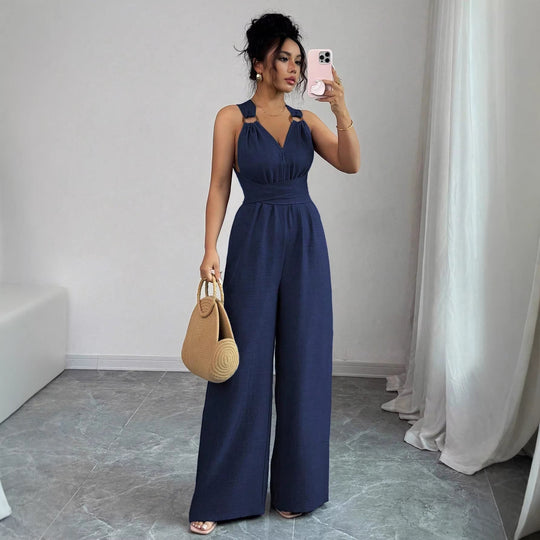 Damen Jumpsuit mit weitem Bein, tailliertem Wickelband und Ösen-Trägern Shop Nory