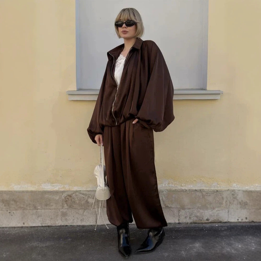 Damen Elegantes Satin-Zweiteiler-Set mit Oversize-Blouson und weiter Palazzo-Hose Shop Nory