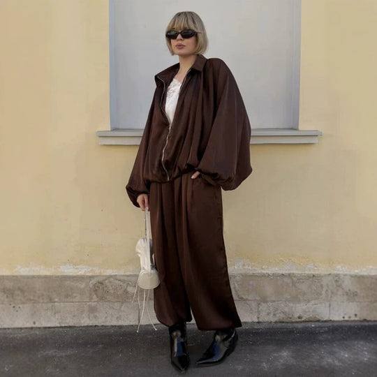 Damen Elegantes Satin-Zweiteiler-Set mit Oversize-Blouson und weiter Palazzo-Hose Shop Nory