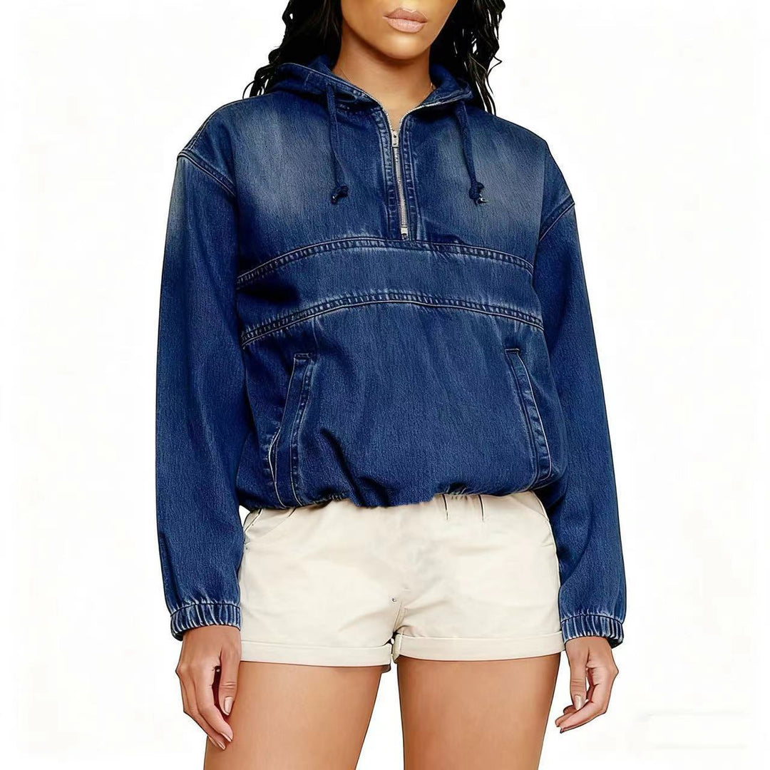 Damen Oversize Jeans-Hoodie mit halbem Reißverschluss, Kängurutasche und elastischem Saum Shop Nory