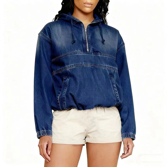 Damen Oversize Jeans-Hoodie mit halbem Reißverschluss, Kängurutasche und elastischem Saum Shop Nory