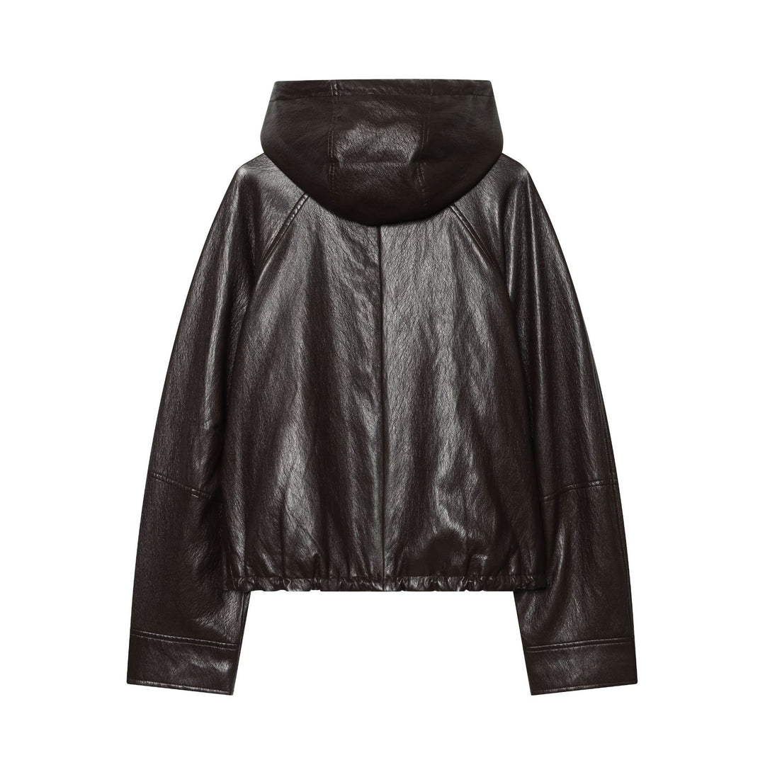 Damen Kurze Kapuzen-Lederoptik-Bomberjacke mit Tunnelzugsaum Shop Nory