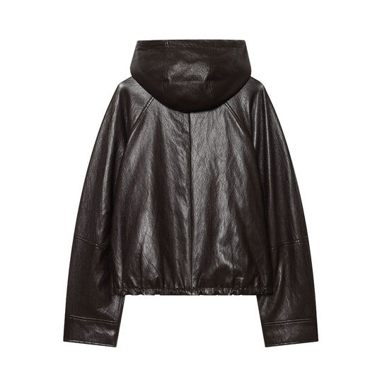 Damen Kurze Kapuzen-Lederoptik-Bomberjacke mit Tunnelzugsaum Shop Nory