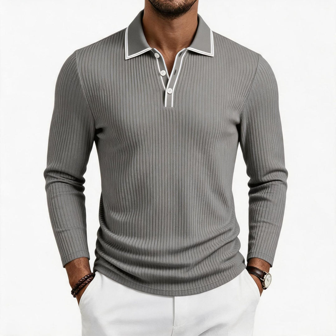 Herren fein geripptes Langarm-Poloshirt aus elastischer Merino-Mixqualität mit Kontrastkanten Shop Nory