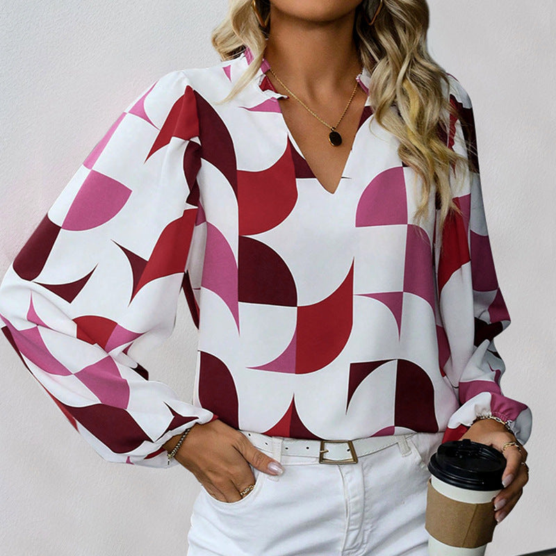 Damen Bluse mit Modischem V-Ausschnitt und Einzigartigem Muster