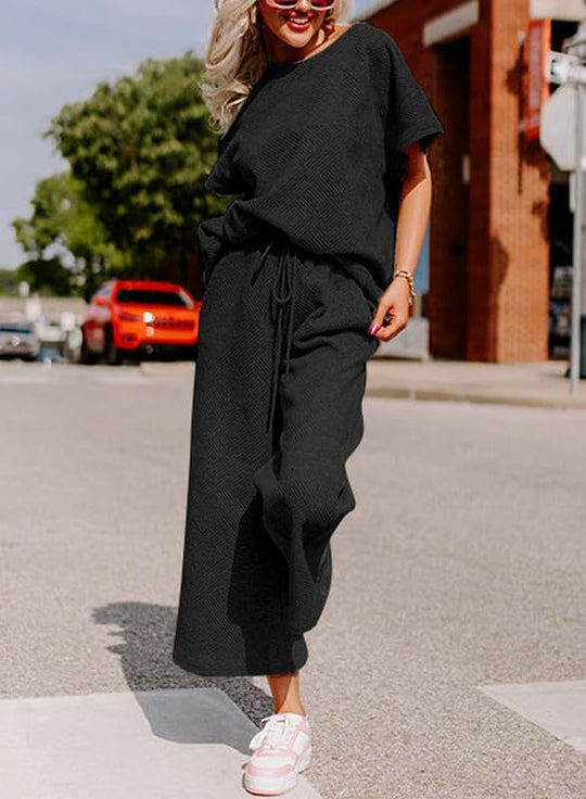 Damen lässiges Jumpsuit-Set aus weichem Material mit elastischem Bund und weit geschnittenen Beinen