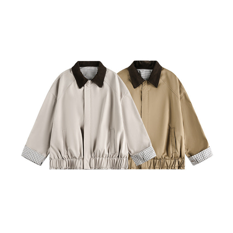 Unisex Kurz geschnittene Boxy‑Blousonjacke mit Cordkragen und kariertem Ärmelumschlag Shop Nory