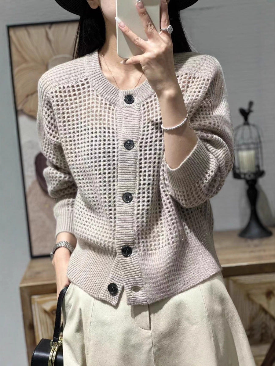 Damen Lockerer Mesh‑Cardigan mit Gitter‑Ajour, Rundhalsausschnitt und Knopfleiste Shop Nory