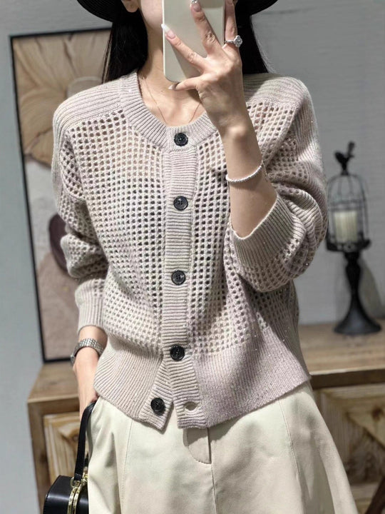 Damen Lockerer Mesh‑Cardigan mit Gitter‑Ajour, Rundhalsausschnitt und Knopfleiste Shop Nory