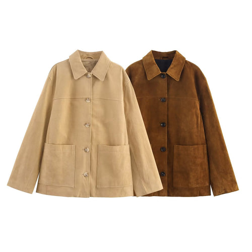 Damen lässige Wildlederjacke mit praktischen Taschen und modischem Schnitt