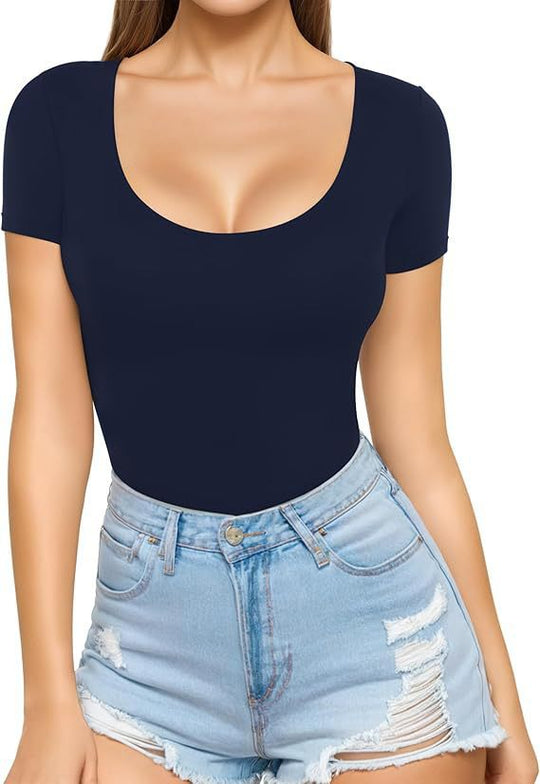 Damen figurbetontes Kurzarm-Body mit rundem Ausschnitt und nahtlosem Design