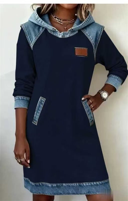 Damen nan Kapuzen-Sweatkleid mit Jeans-Applikationen, Kängurutaschen und lässigem Schnitt Shop Nory