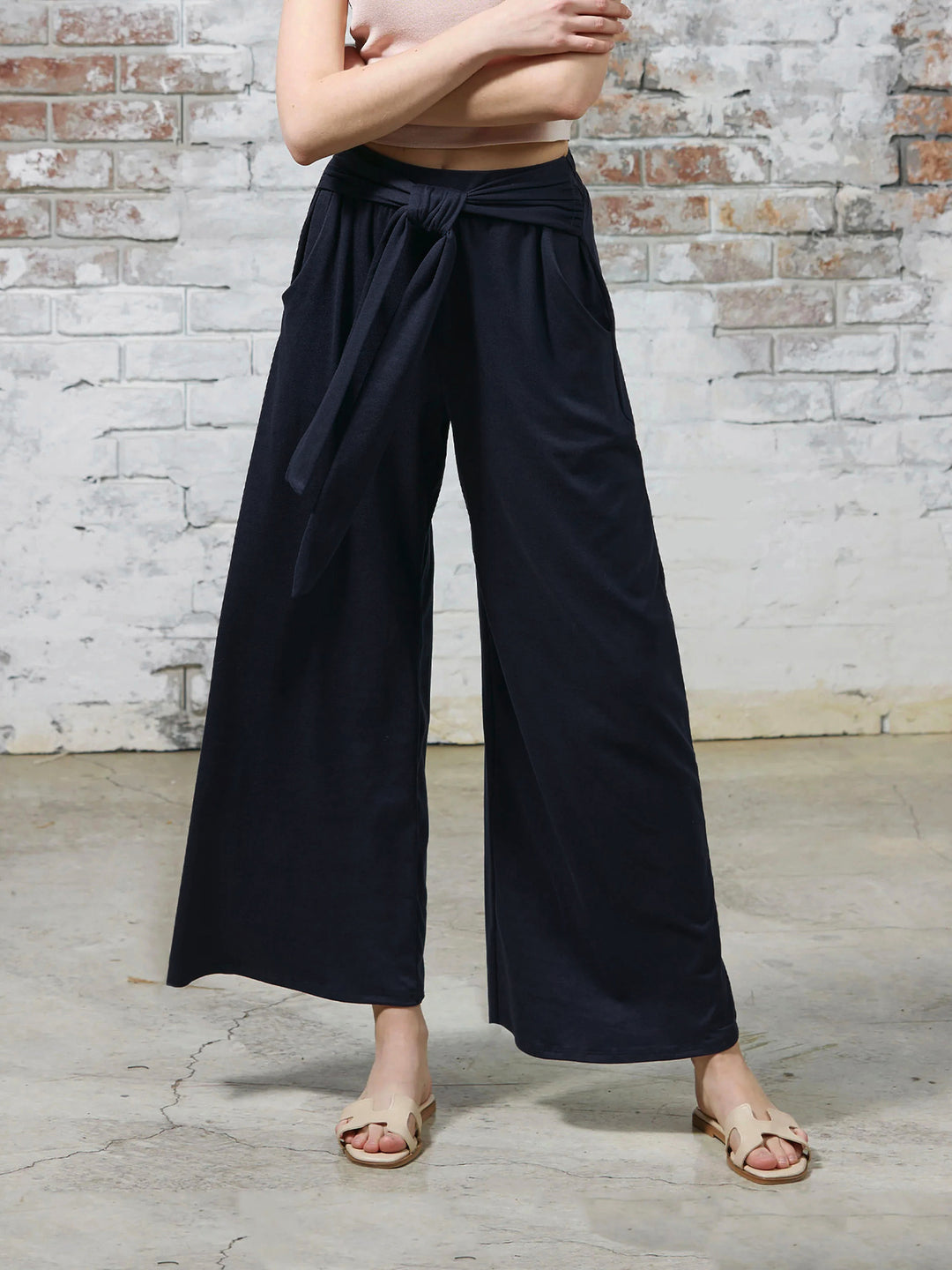 Damen Hochtaillierte Weite Palazzo-Hose mit Selbstbindendem Taillenbund und Seitentaschen Shop Nory