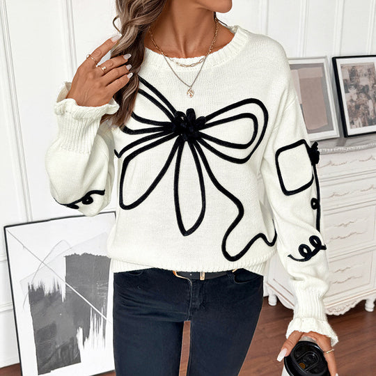 Damen Strickpullover mit kontrastierter Kordelblumenapplikation und Rippbündchen Shop Nory