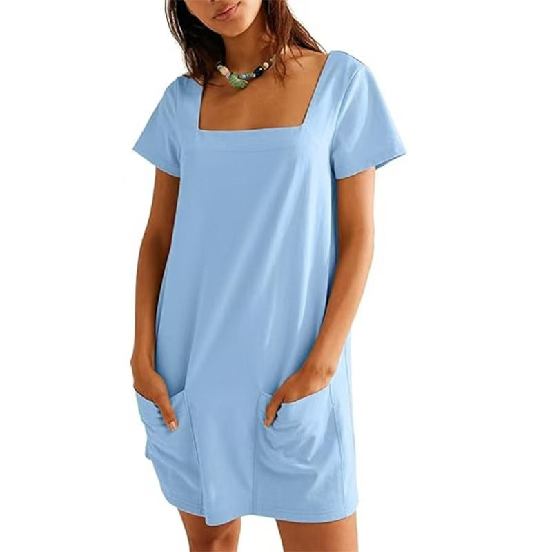 Damen Lockeres Sommerkleid mit Quadrat-Ausschnitt und praktischen Taschen