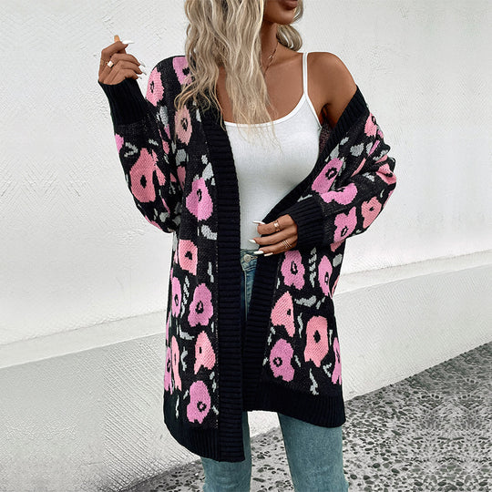 Damen Langer Strickcardigan mit Oversize-Schnitt, Animal-Jacquard und gerippten Bündchen Shop Nory