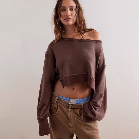 Damen cropped Oversize-Sweatshirt mit Daumenloch, fransigem Saum und weitem Raglanärmel Shop Nory
