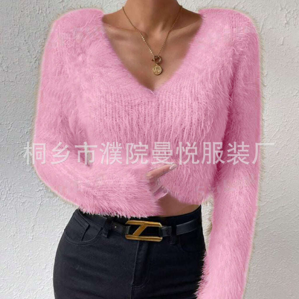 Damen Flauschiger Crop-Pullover mit V-Ausschnitt und Eyelash-Struktur Shop Nory