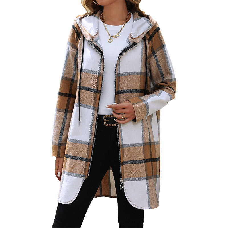 Damen Lange Kapuzen‑Strickjacke mit Karomuster, Reißverschluss & Eingrifftaschen Shop Nory