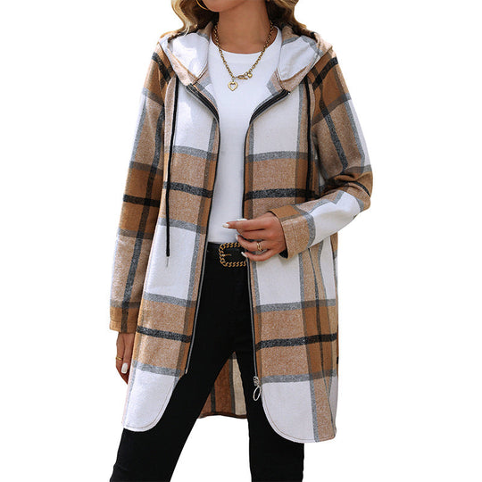 Damen Lange Kapuzen‑Strickjacke mit Karomuster, Reißverschluss & Eingrifftaschen Shop Nory