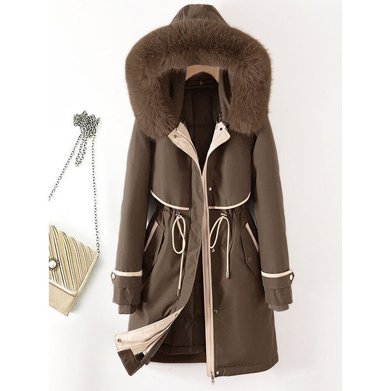 Damen nan langer Parka mit Kunstfellkapuze Taillenzug und kontrastierten Paspeln Shop Nory