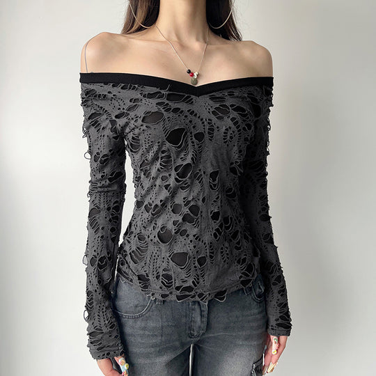 Damen nan transparentes Distressed-Spitzenshirt mit V-Ausschnitt, langärmeligem Layer-Look und innenliegendem Cami Shop Nory