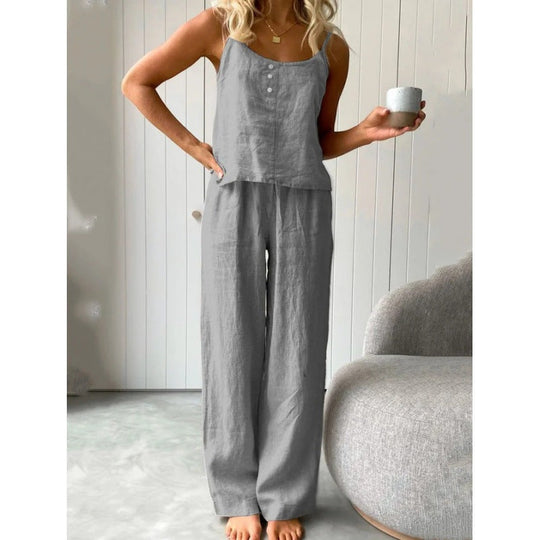 Damen lässiges Leinen-Set mit Trägershirt und weiten Hosen Shopnory