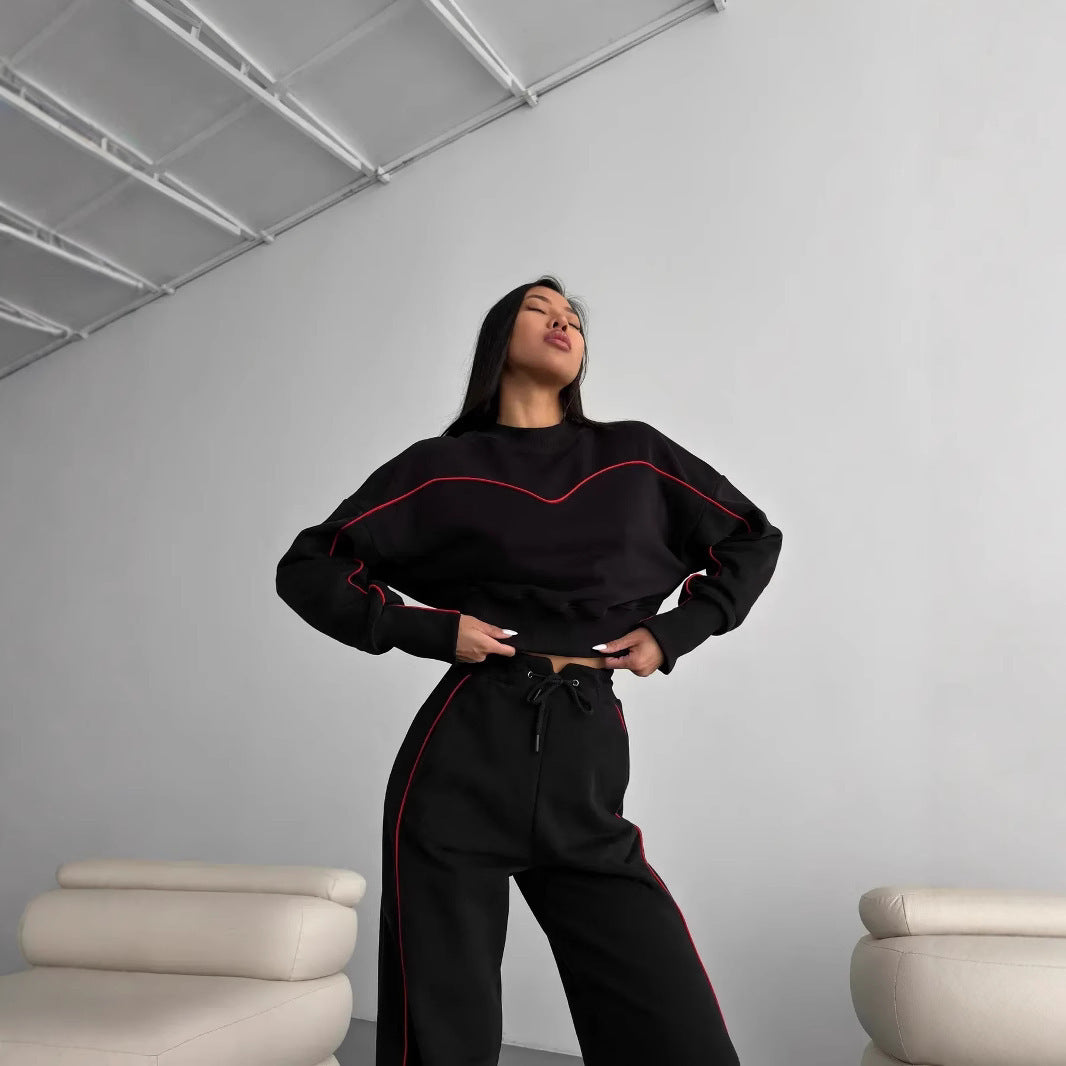 Damen kurzes Oversize-Sweatshirt mit Kordelzug-Jogginghose und Kontrastnähten Shop Nory