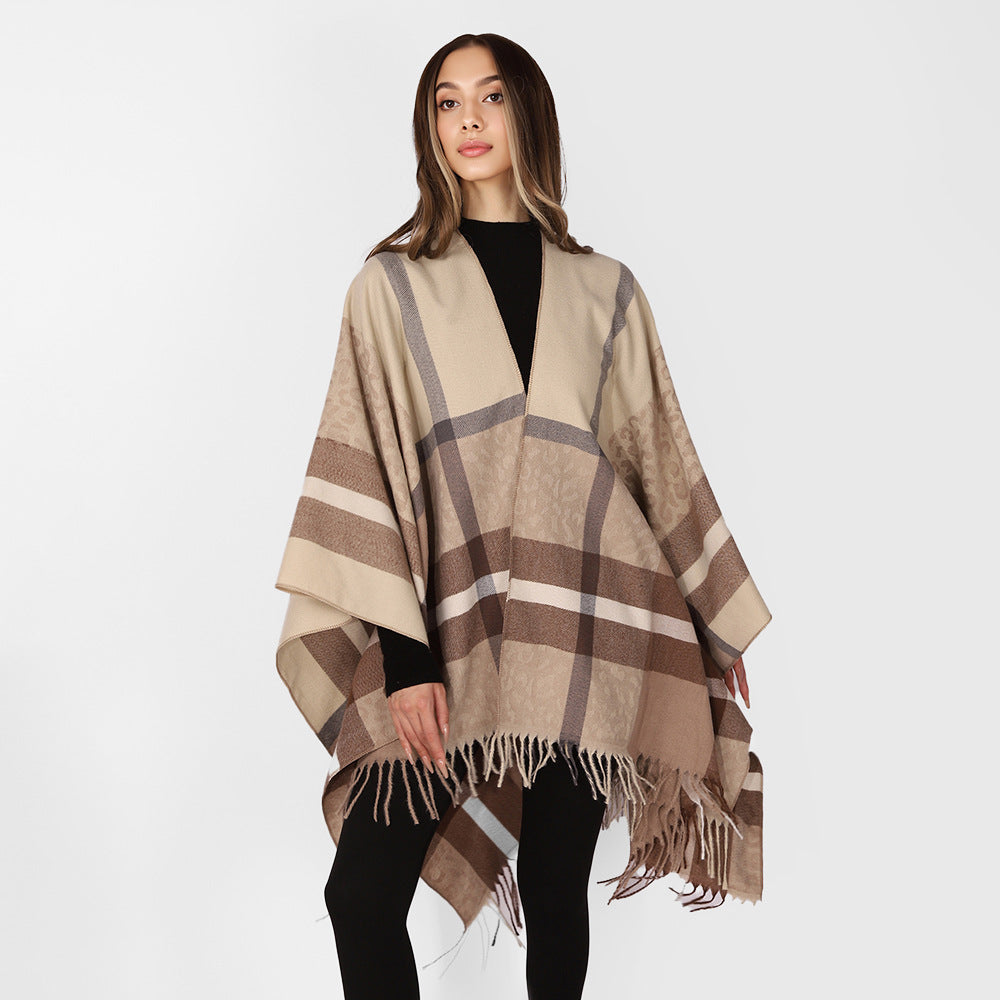 Damen Übergroßer Poncho mit Fransen und Karomuster Shop Nory
