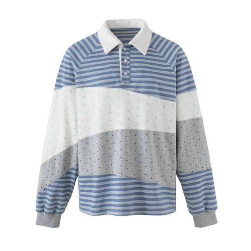 Damen Gestreifter Rugby-Pullover mit großem Kentkragen und Colourblock-Struktur Shop Nory