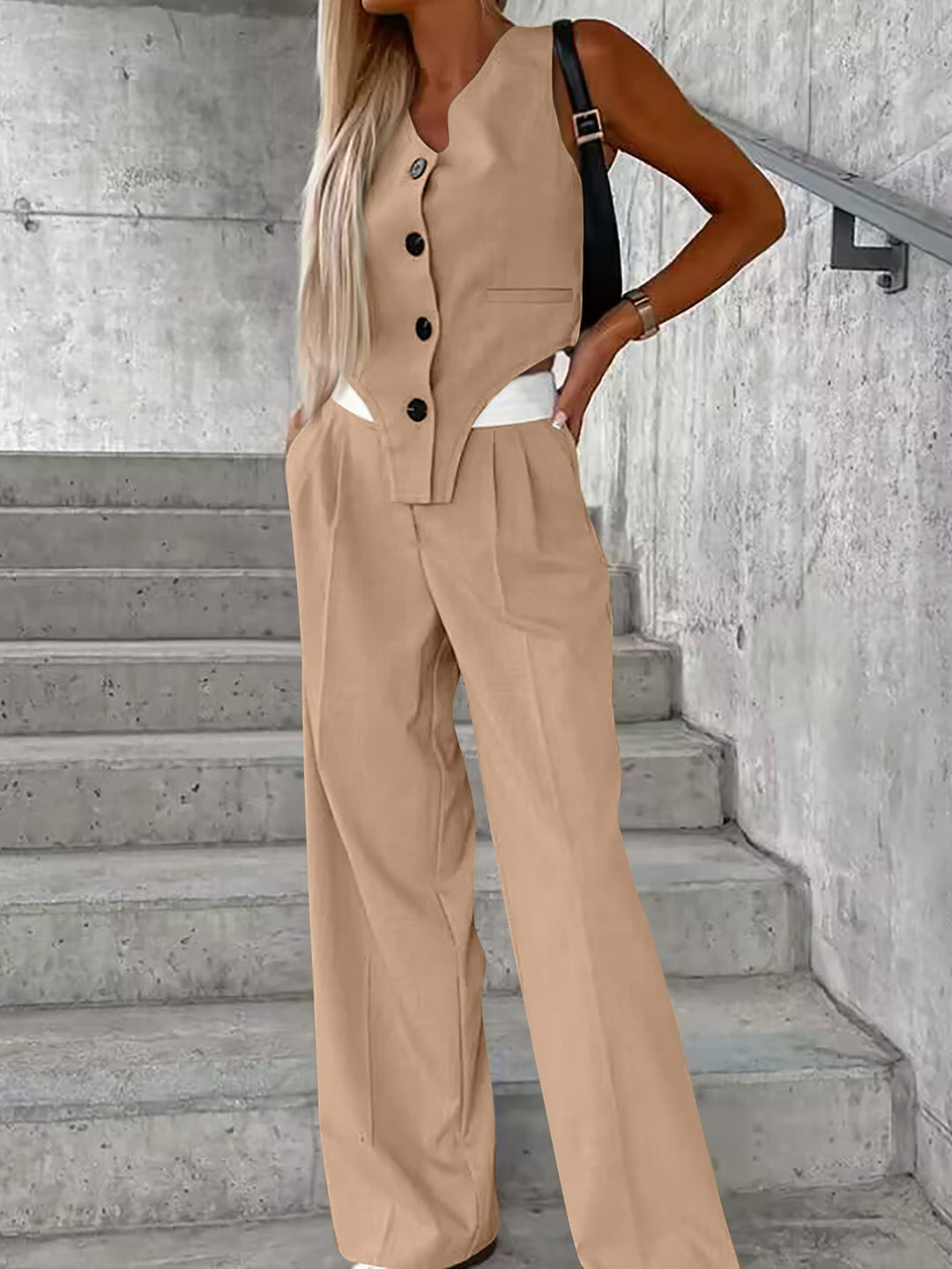 Damen Asymmetrisches Gilet- und Palazzohosen-Set mit Bundfalten und Eingrifftaschen Shop Nory