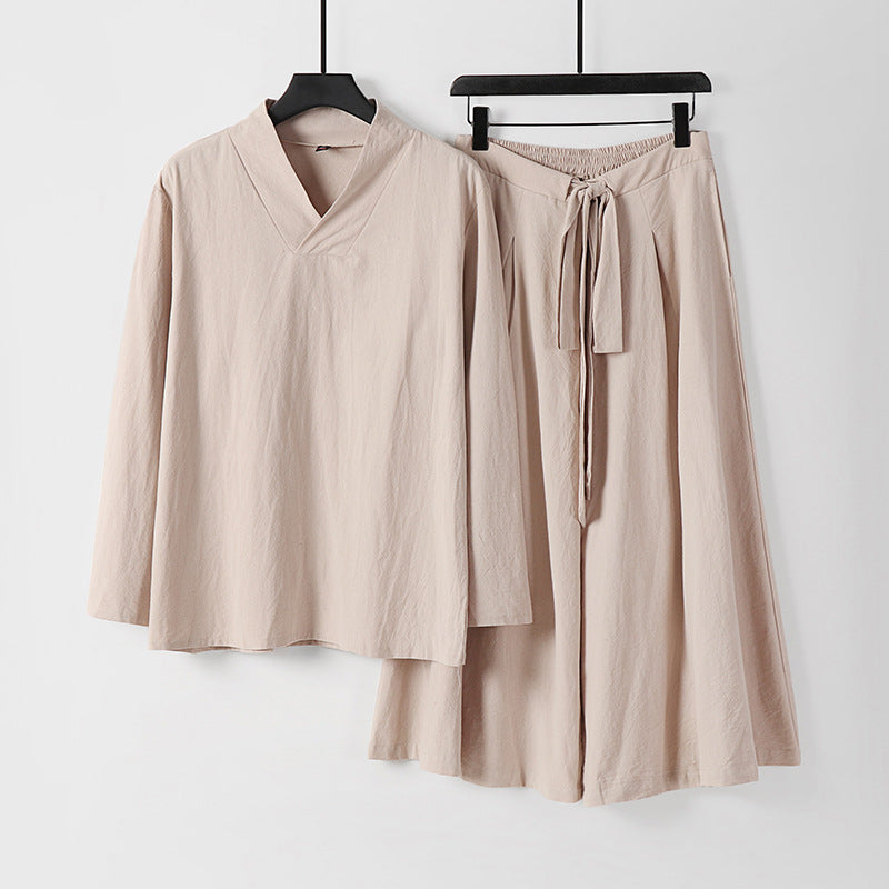 Damen Leichtes Leinen-Baumwoll Loungewear-Set mit V-Ausschnitt, weitem Midirock und Bindegürtel Shop Nory