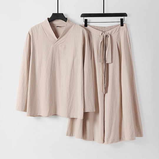 Damen Leichtes Leinen-Baumwoll Loungewear-Set mit V-Ausschnitt, weitem Midirock und Bindegürtel Shop Nory